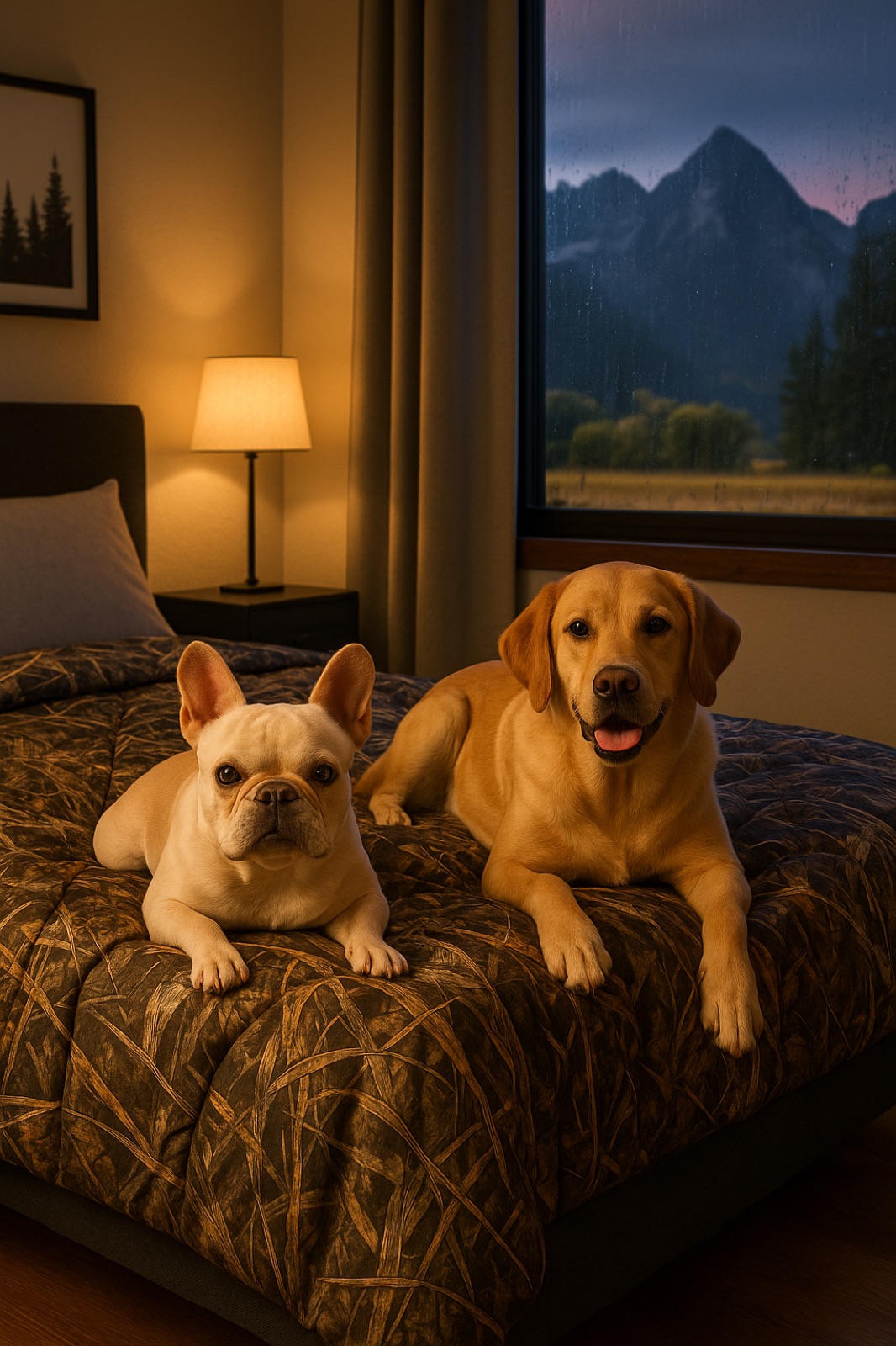 Two dogs relaxing on a Realtree camouflage comforter at dusk, with a mountain view through the window