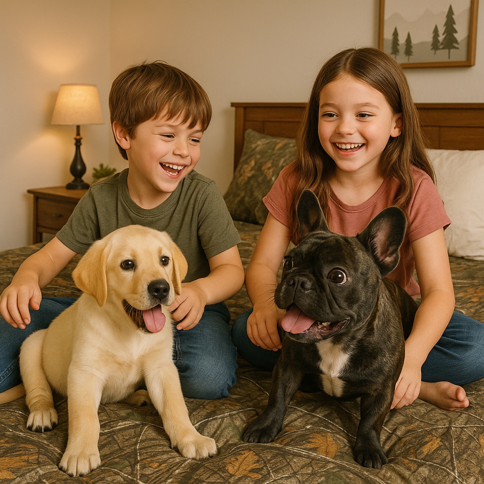 Two kids laughing with their puppies on a Realtree camouflage comforter