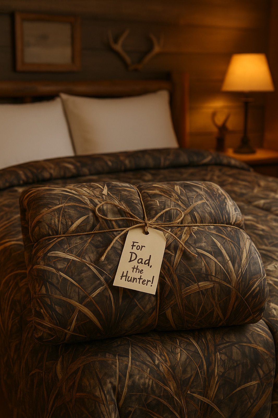 A Realtree camouflage comforter gift-wrapped with a tag that reads For Dad, the Hunter