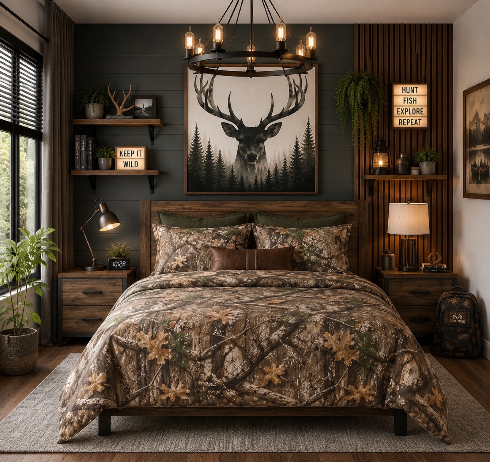 Bedroom styled with a Realtree Max-5 camouflage comforter set, wood accents, and outdoor-inspired decor