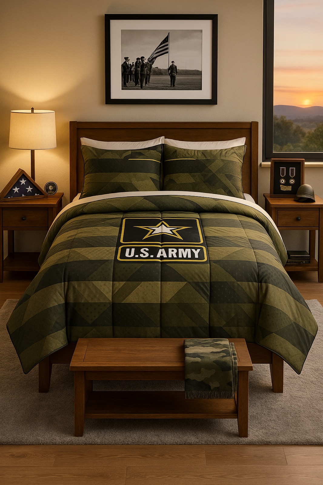 Bedroom styled with a U.S. Army comforter set, featuring the Army star logo and heritage-inspired decor