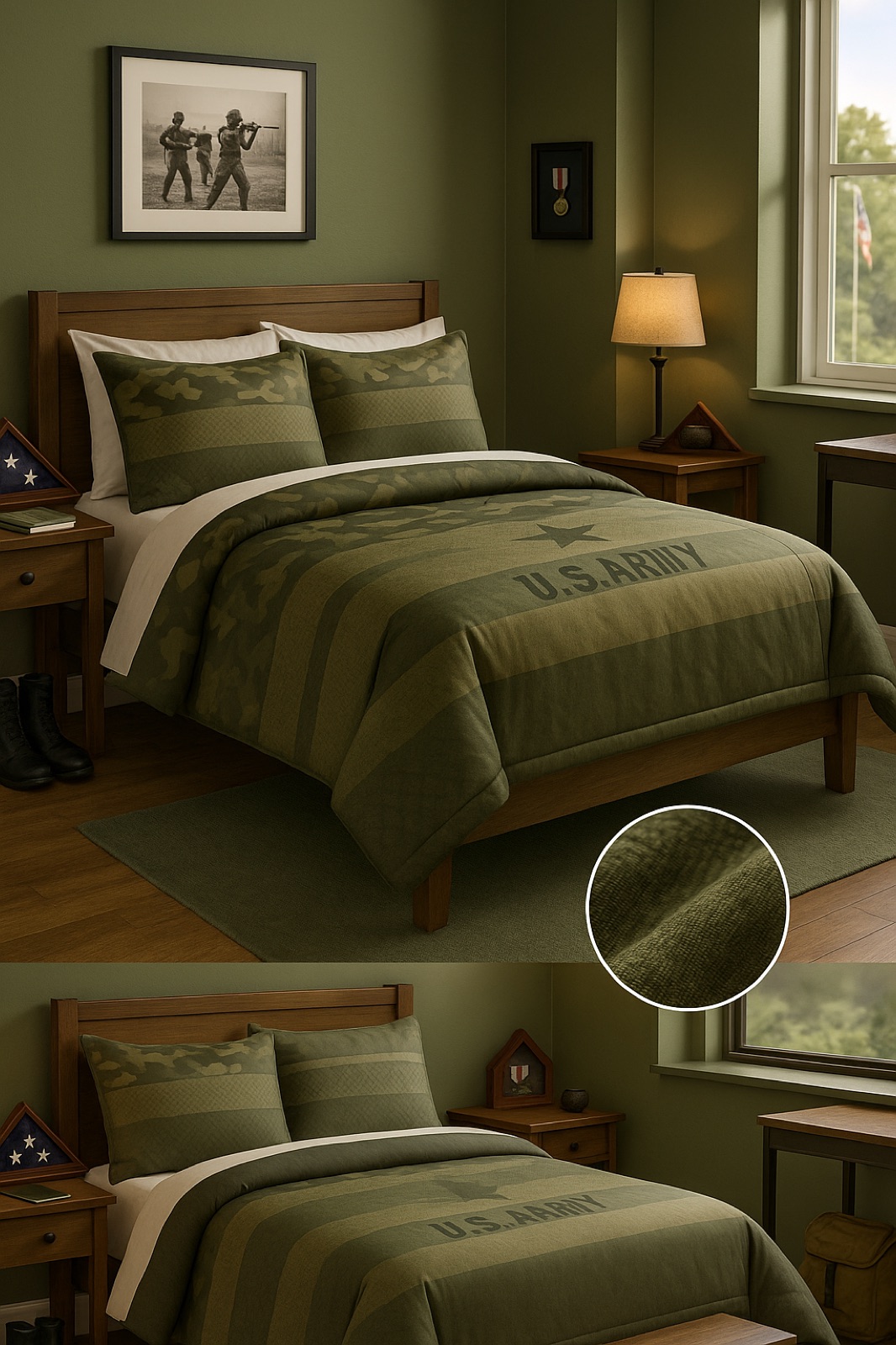 U.S. Army comforter set detail with camouflage-inspired stripes and matching shams